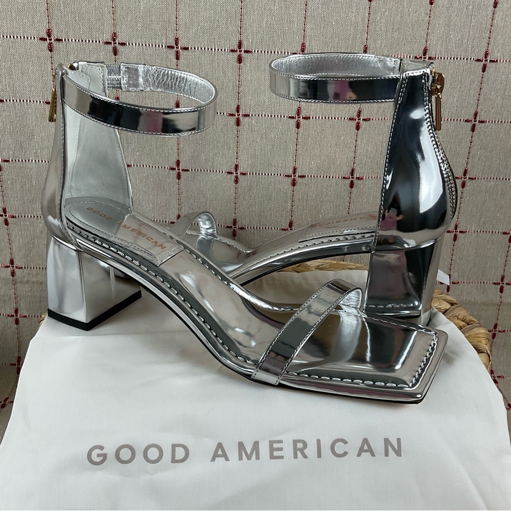 Good American Strappy Heeled Sandals Metallic Silver Ankle wrap Square Toe 9.5 - Picture 2 of 9